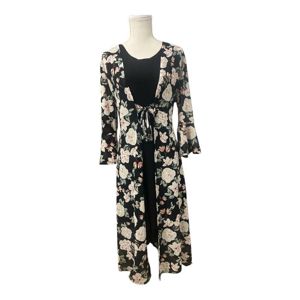 Siren Lily 2 Piece Tank Dress & Cardigan Size L Black Floral Long Bell-Sleeve